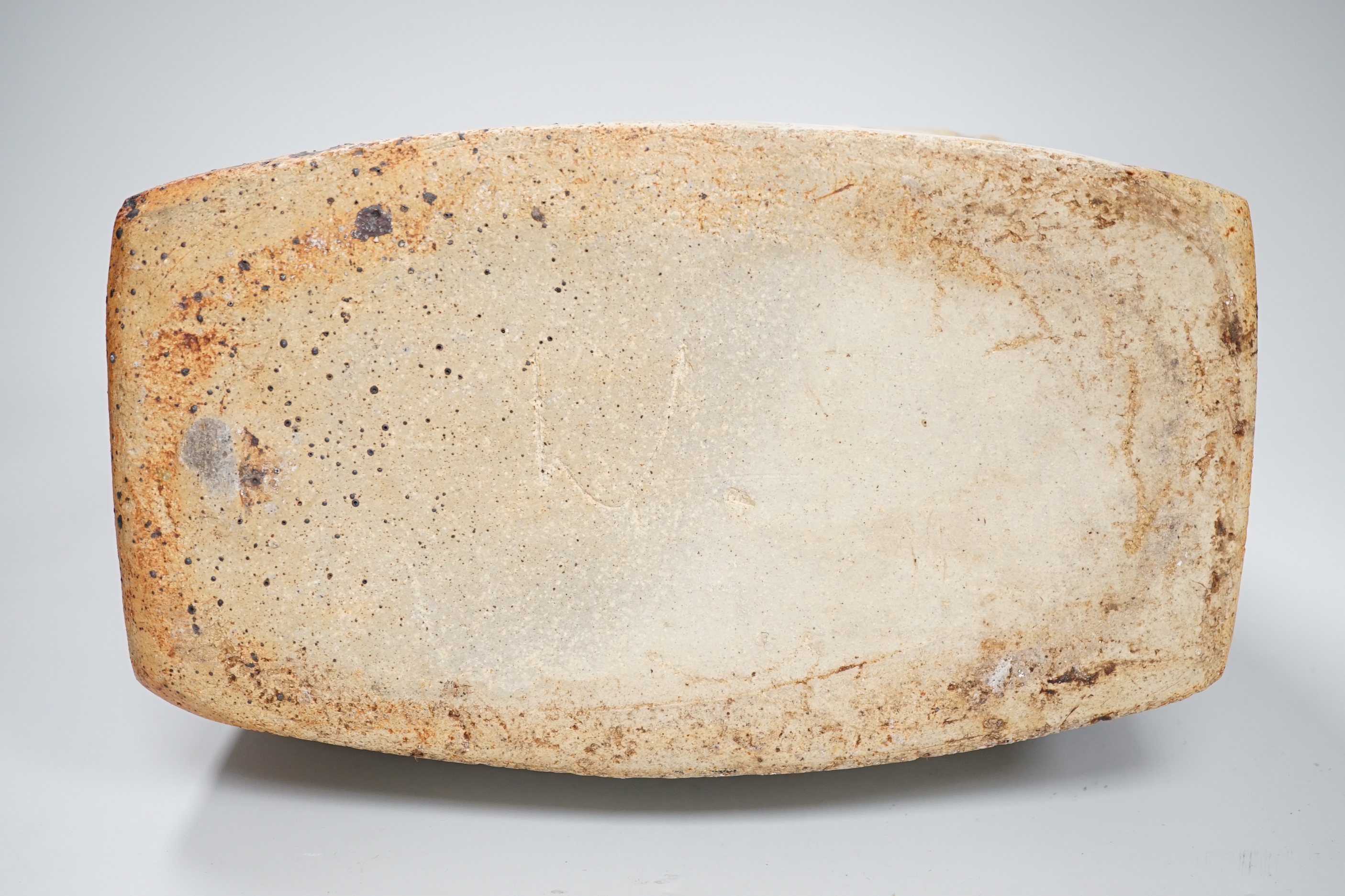 A large Troika-type stoneware vase with incised and relief decoration, 30cm high